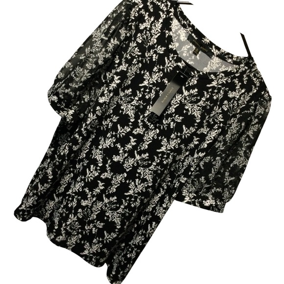 Cynthia Steffe Tops - Cynthia Steffe Top XL Black White Floral Sheer Puff Sleeve Blouse New with Tags